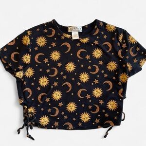 Cut & Paste Black Short Sleeve AOP Celestial Sun Moon Stars Cropped Tee T-shirt